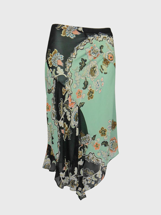 ROBERTO CAVALLI Spring 2003 Vintage Asian Floral Silk Skirt Size S