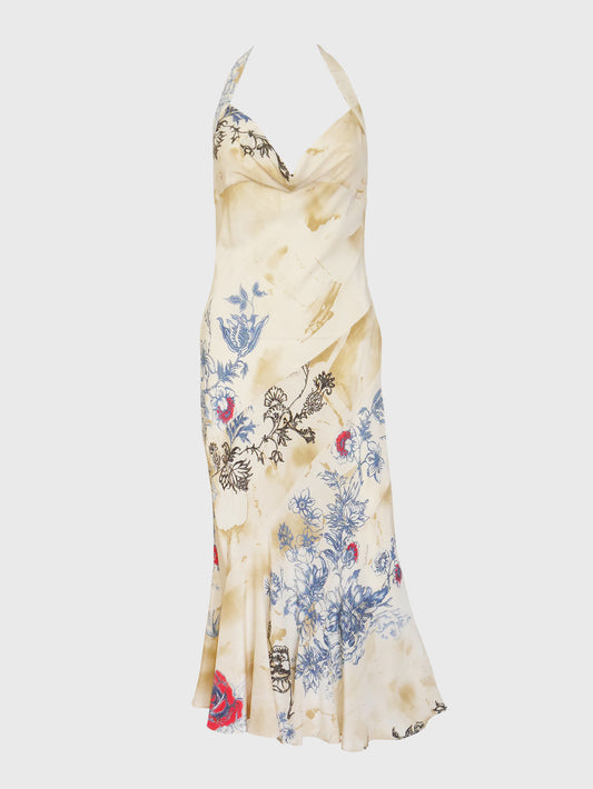 ROBERTO CAVALLI Spring 2003 Vintage Tattoo Print Bias-Cut Silk Slip Dress