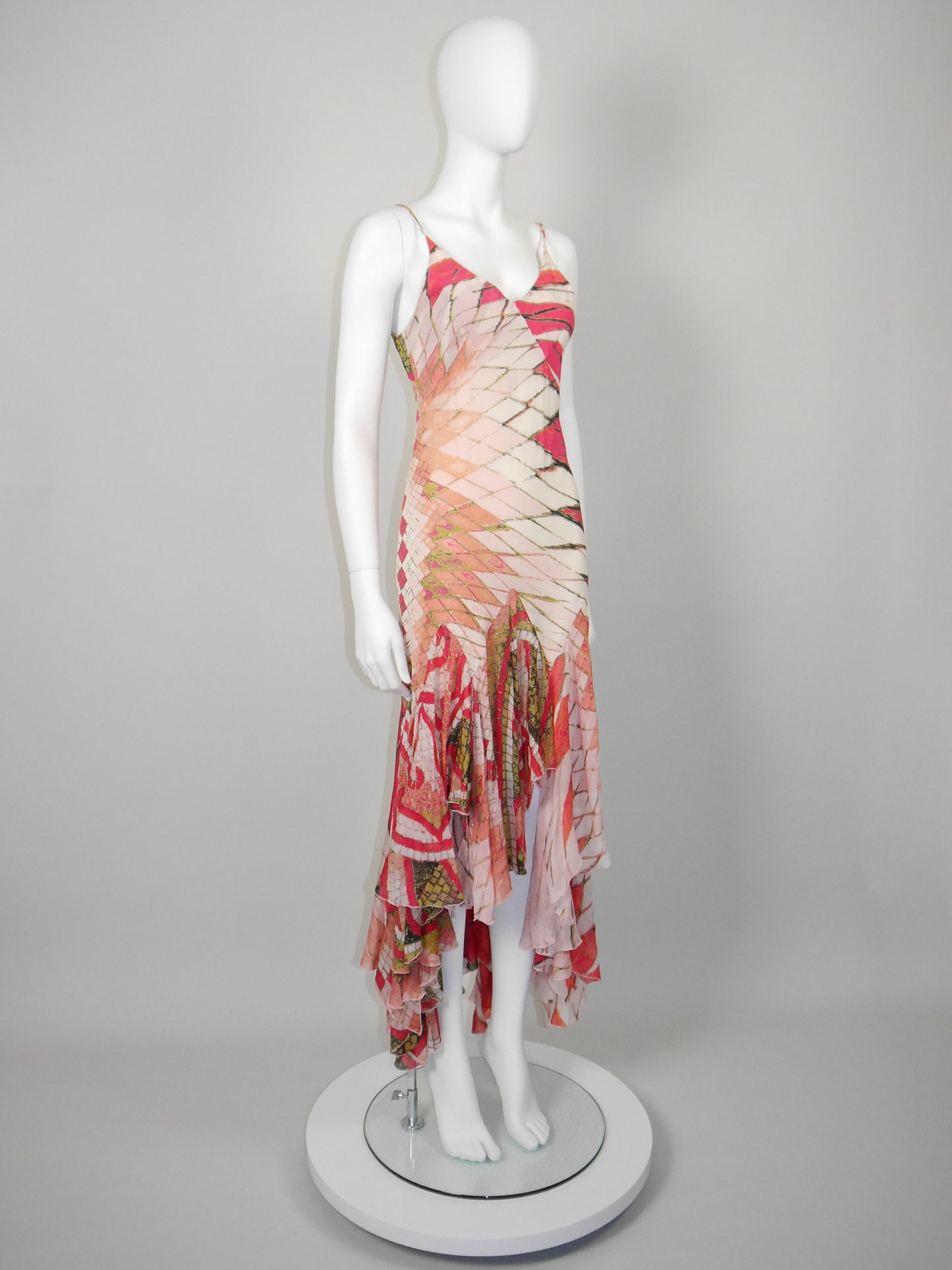 ROBERTO CAVALLI Spring 2004 Vintage Backless Hi-Low Silk Maxi Evening Dress Size S