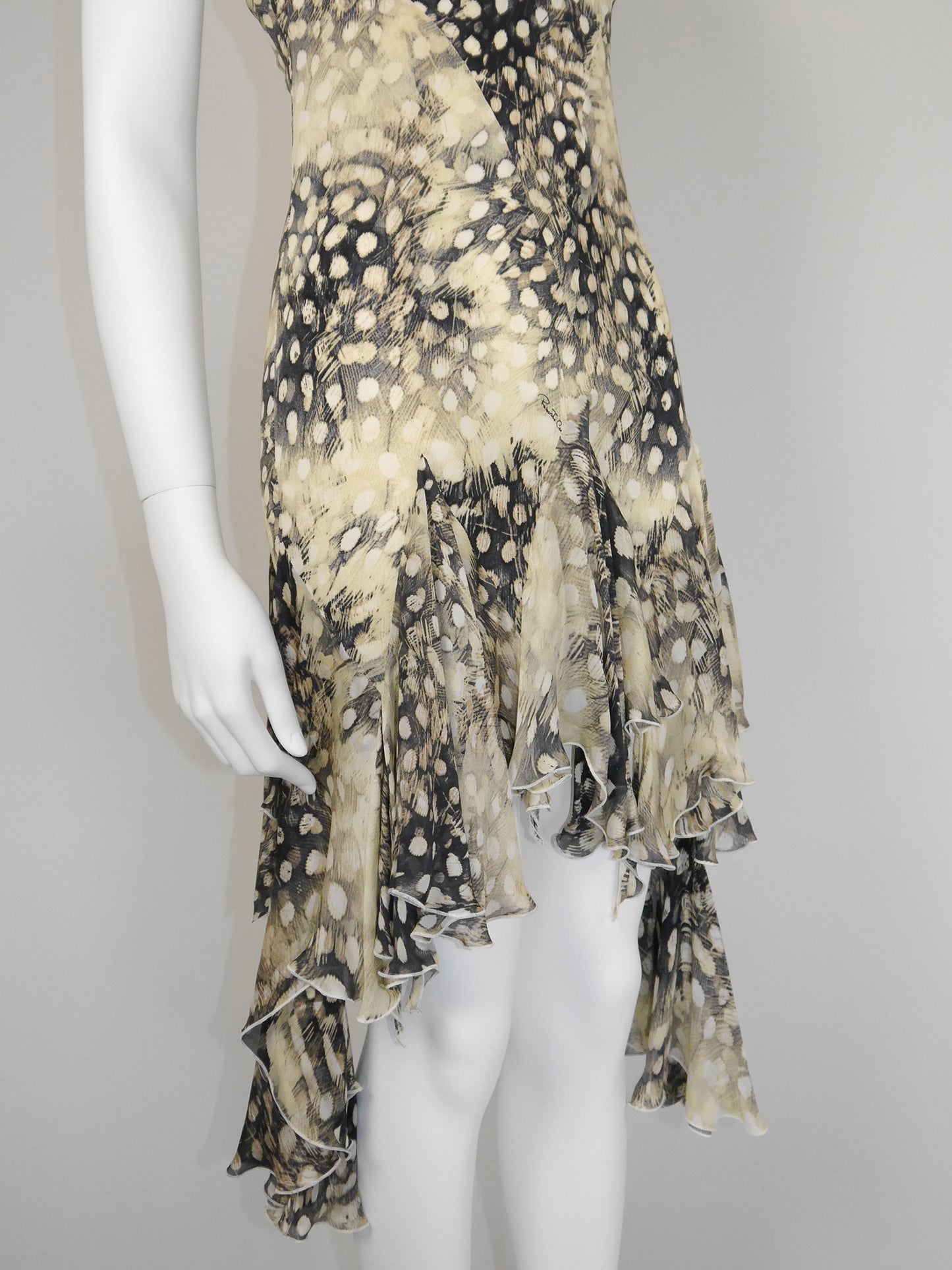 ROBERTO CAVALLI Spring 2004 Vintage Ruffled Feather Print Silk Dress Size S