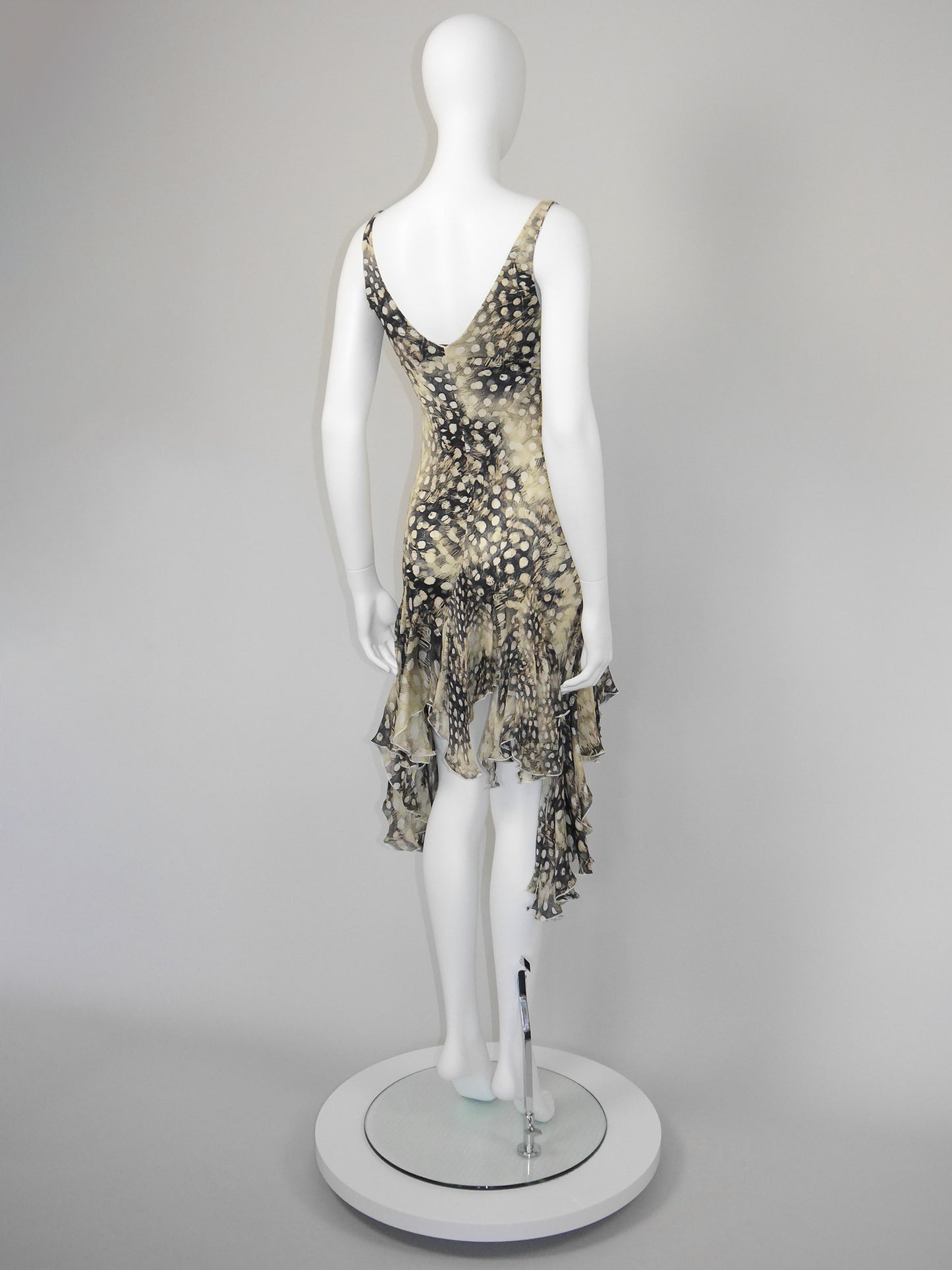 ROBERTO CAVALLI Spring 2004 Vintage Ruffled Feather Print Silk Dress Size S