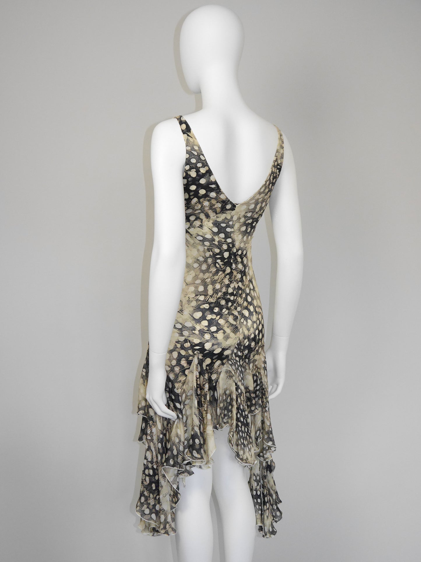 ROBERTO CAVALLI Spring 2004 Vintage Ruffled Feather Print Silk Dress Size S