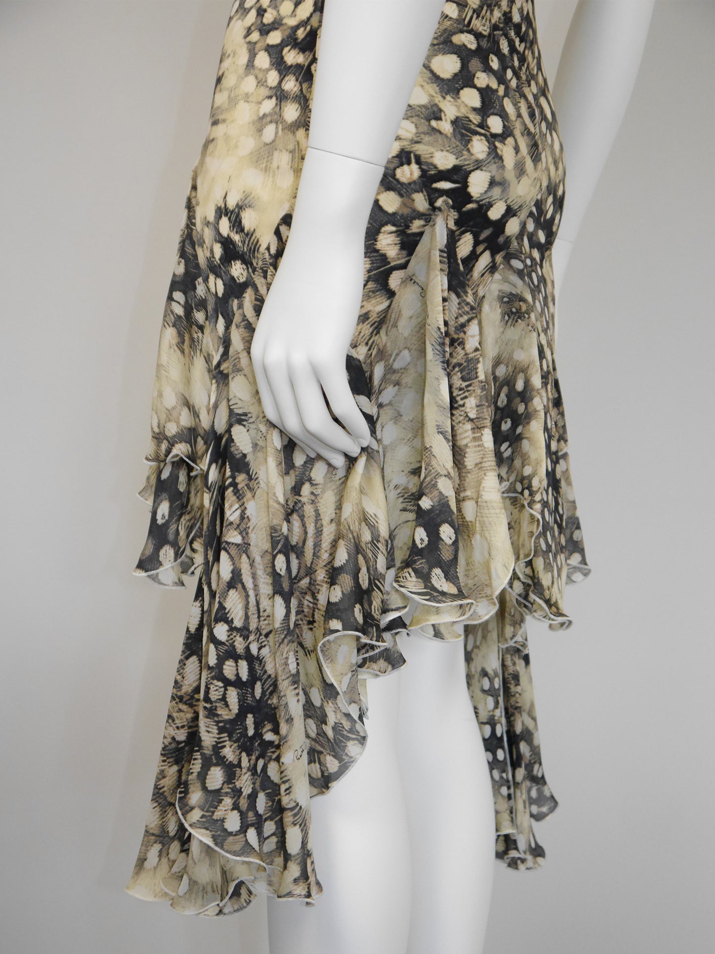 ROBERTO CAVALLI Spring 2004 Vintage Ruffled Feather Print Silk Dress Size S