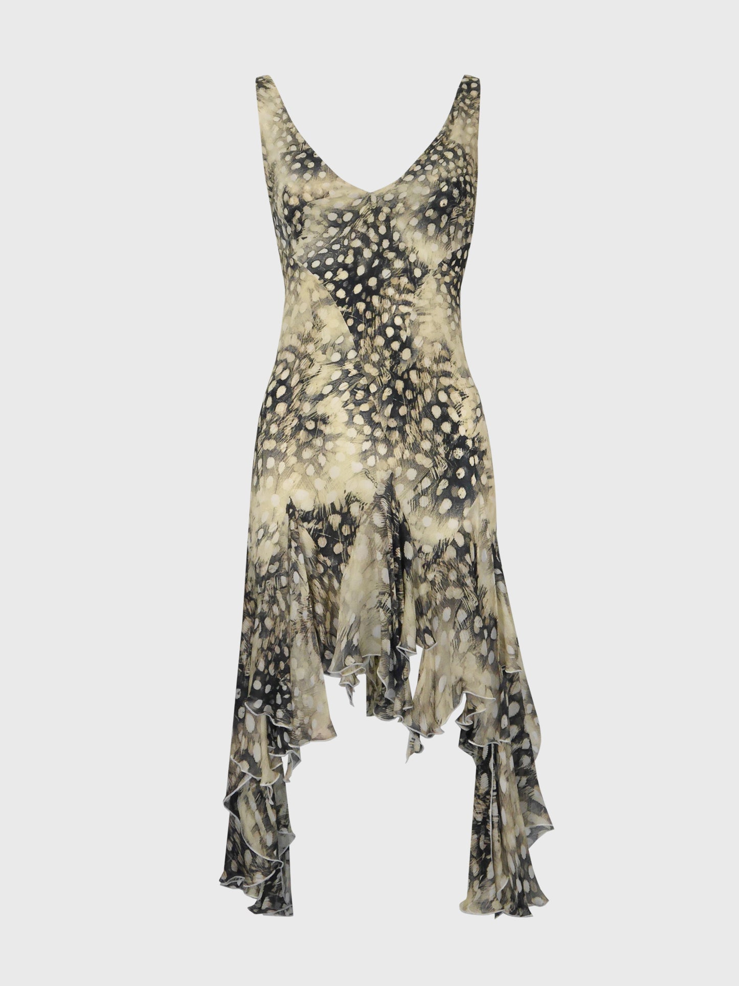 ROBERTO CAVALLI Spring 2004 Vintage Ruffled Feather Print Silk Dress Size S