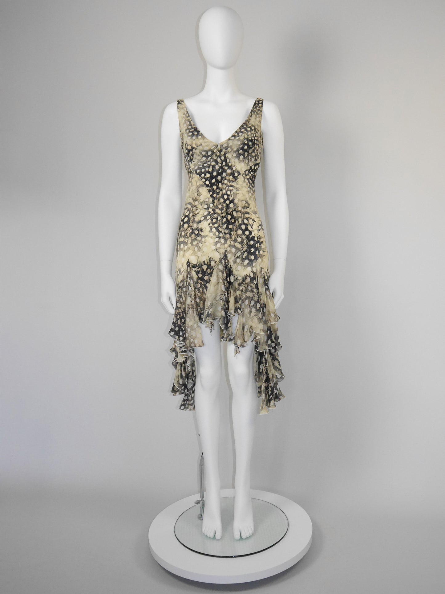 ROBERTO CAVALLI Spring 2004 Vintage Ruffled Feather Print Silk Dress Size S