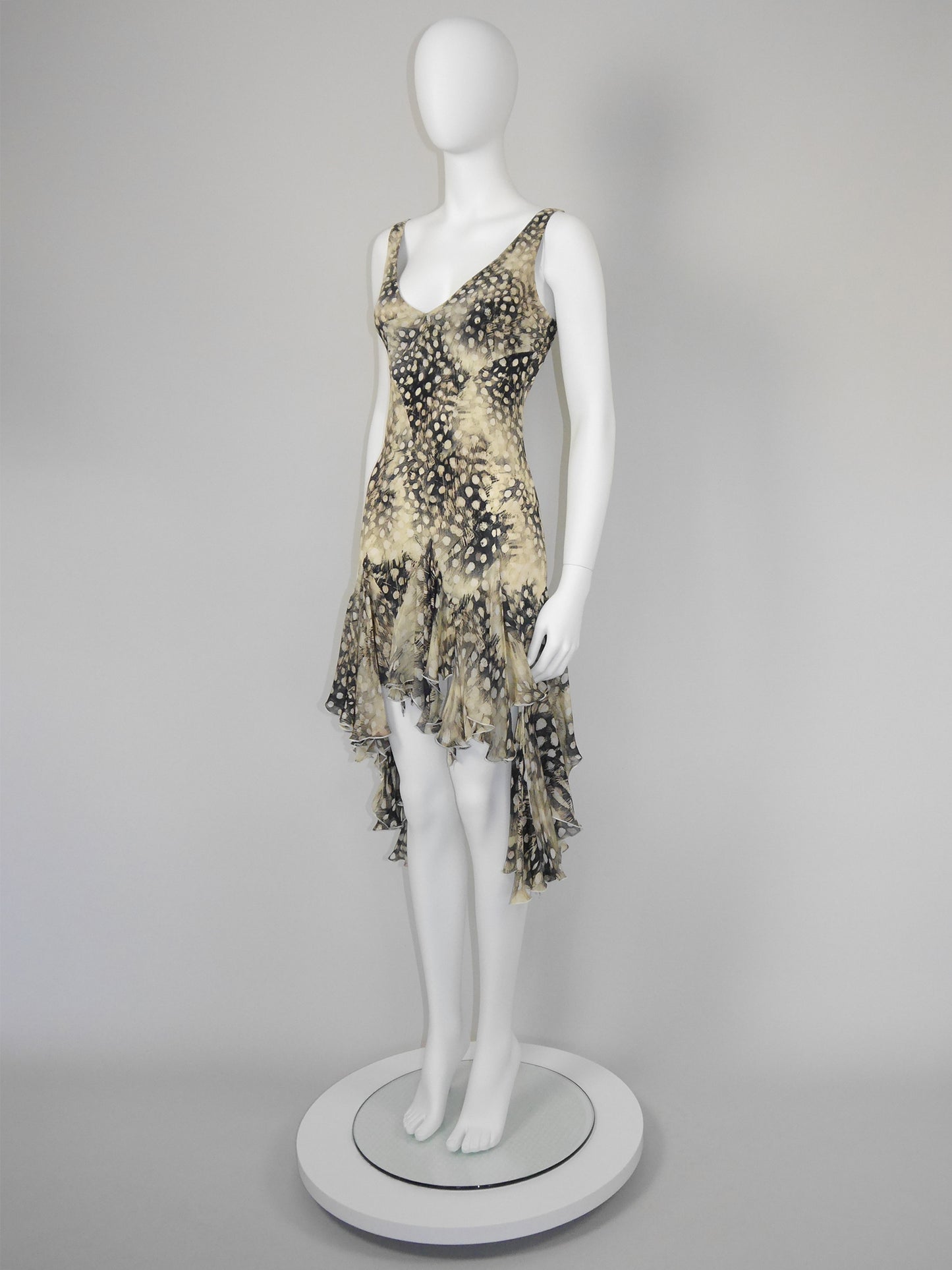 ROBERTO CAVALLI Spring 2004 Vintage Ruffled Feather Print Silk Dress Size S
