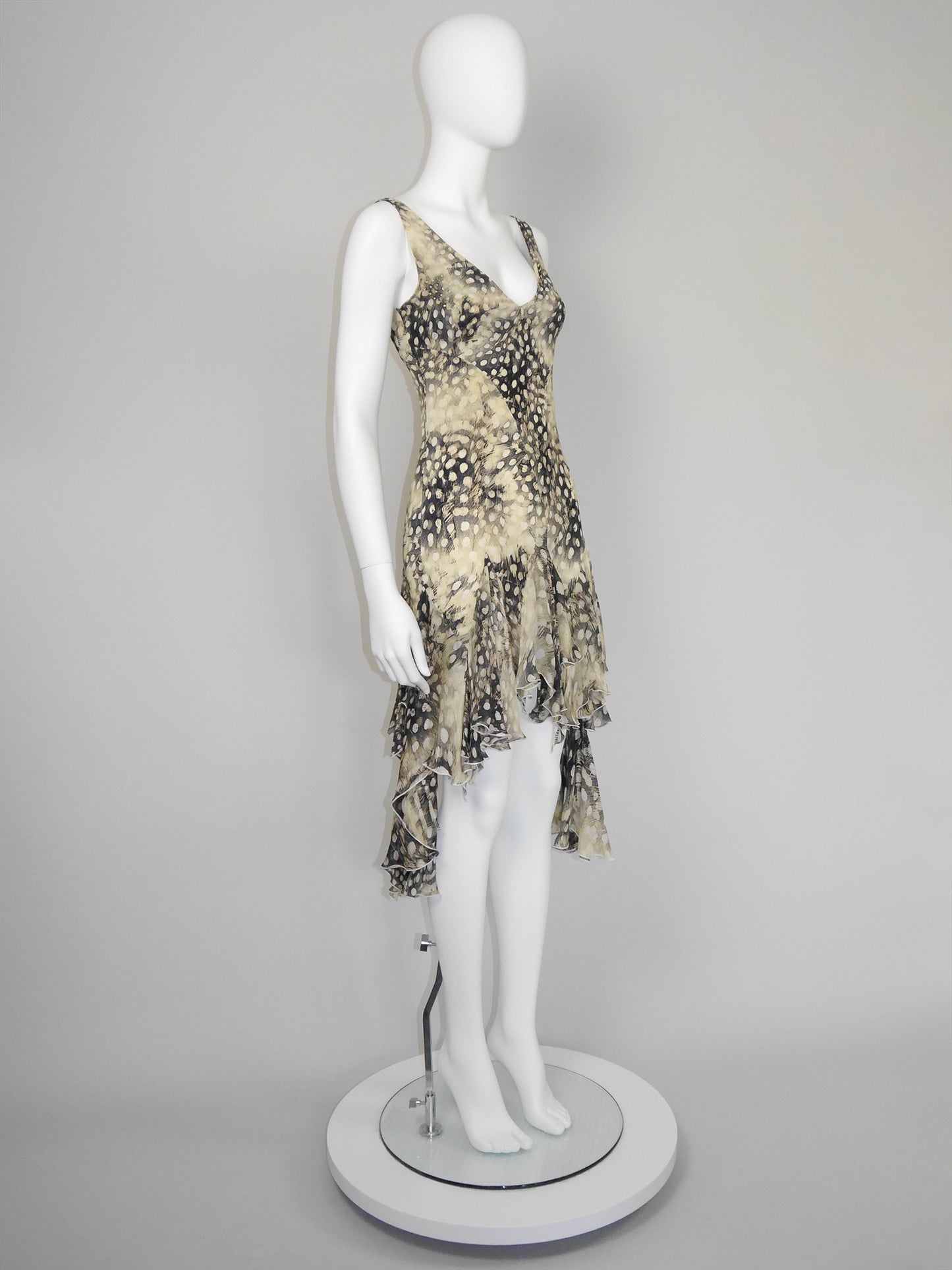 ROBERTO CAVALLI Spring 2004 Vintage Ruffled Feather Print Silk Dress Size S