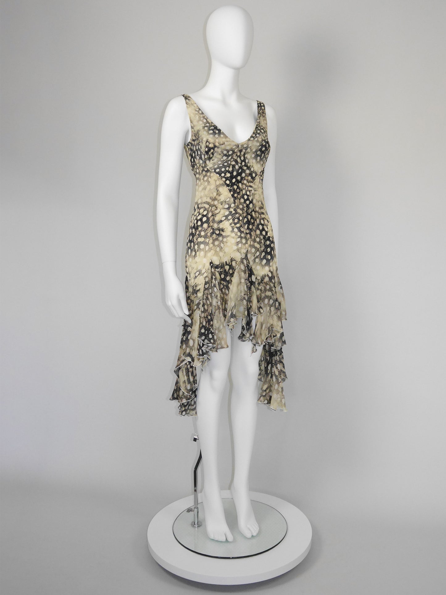 ROBERTO CAVALLI Spring 2004 Vintage Ruffled Feather Print Silk Dress Size S