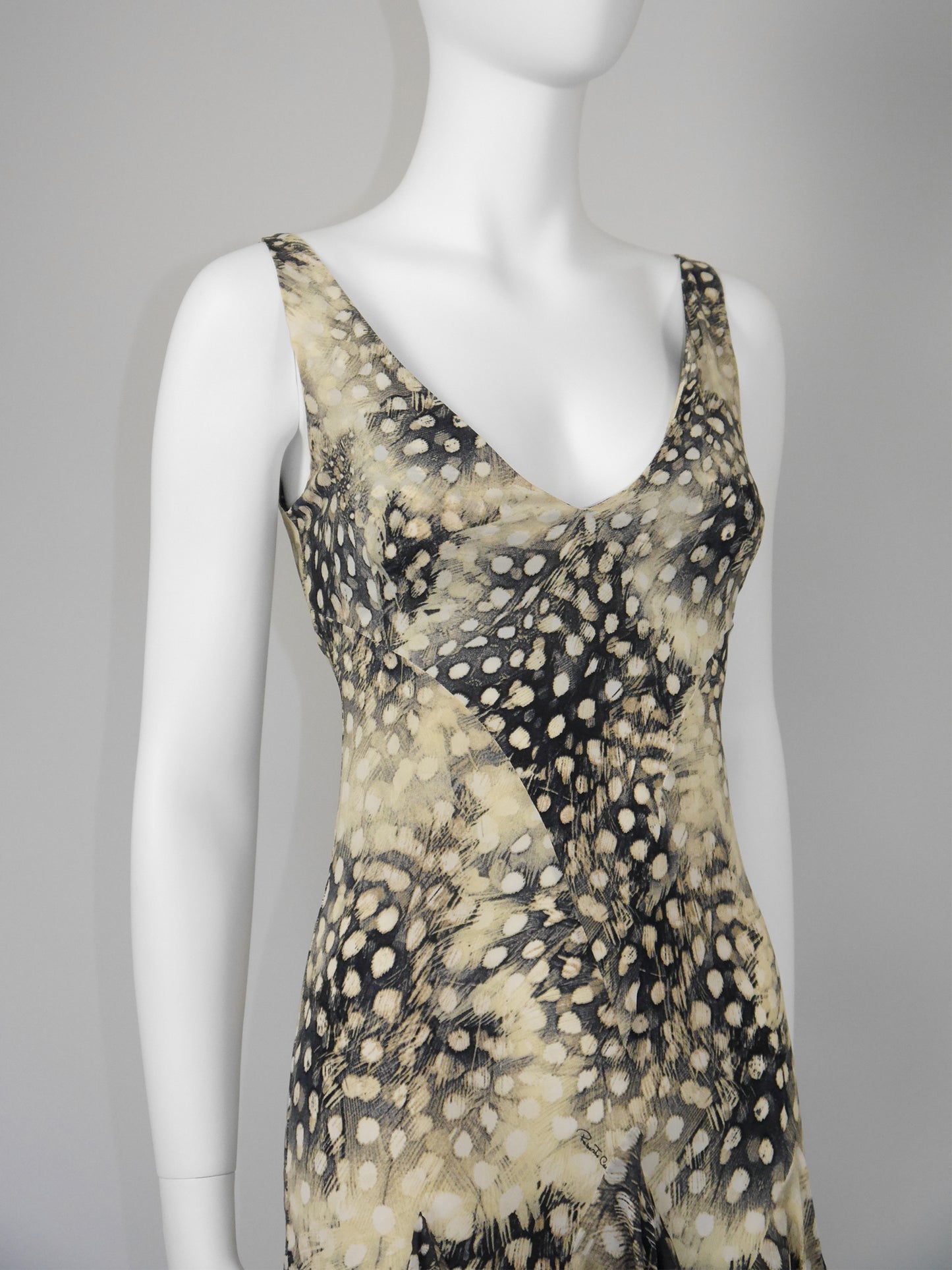 ROBERTO CAVALLI Spring 2004 Vintage Ruffled Feather Print Silk Dress Size S