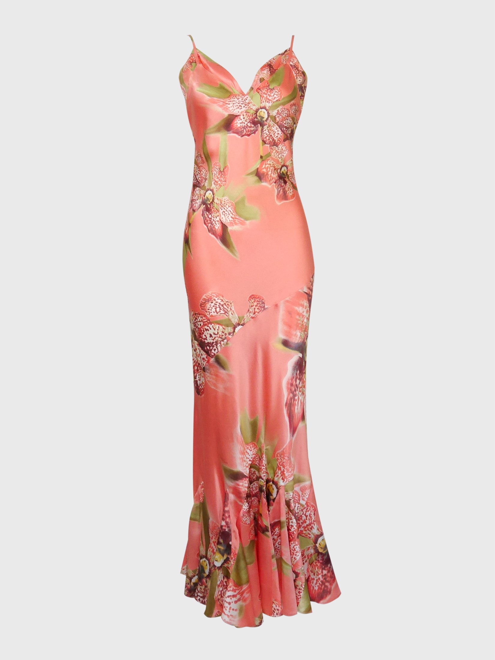 vintage roberto cavalli dress ROBERTO CAVALLI Spring 2005 Vintage Orchid Print Silk Maxi Gown – VINTAGE VON WERTH