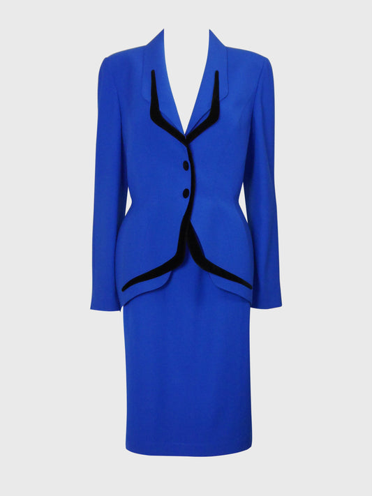 THIERRY MUGLER 1980s 1990s Vintage Electric Blue Jacket & Skirt Suit w/ Velvet Accents