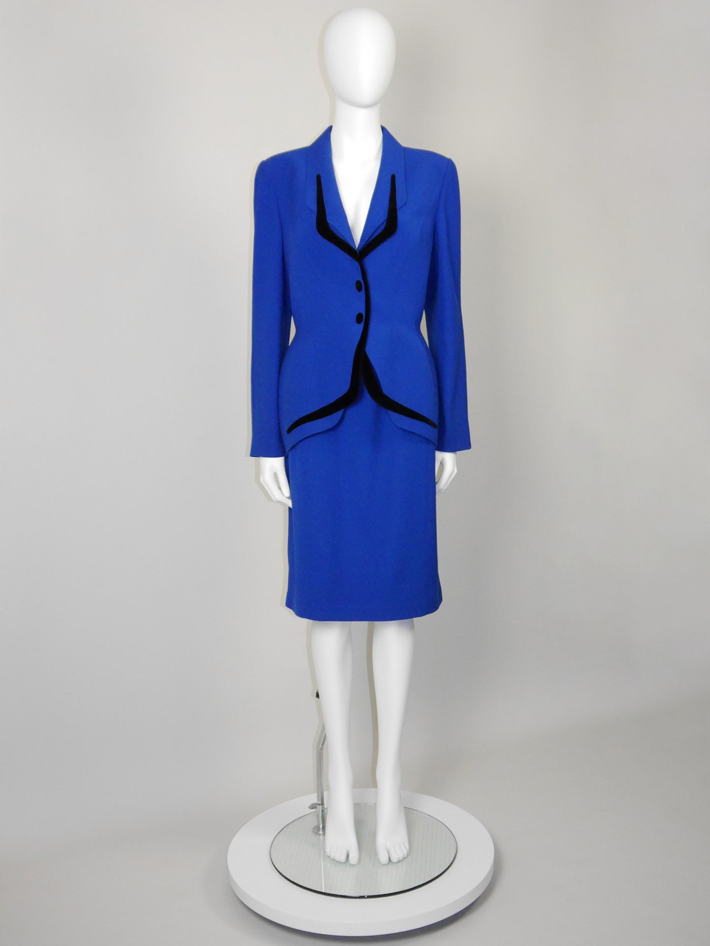 THIERRY MUGLER 1980s 1990s Vintage Electric Blue Jacket & Skirt Suit w/ Velvet Accents
