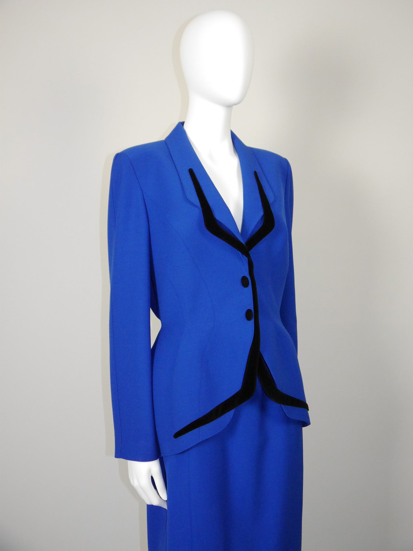 THIERRY MUGLER 1980s 1990s Vintage Electric Blue Jacket & Skirt Suit w/ Velvet Accents