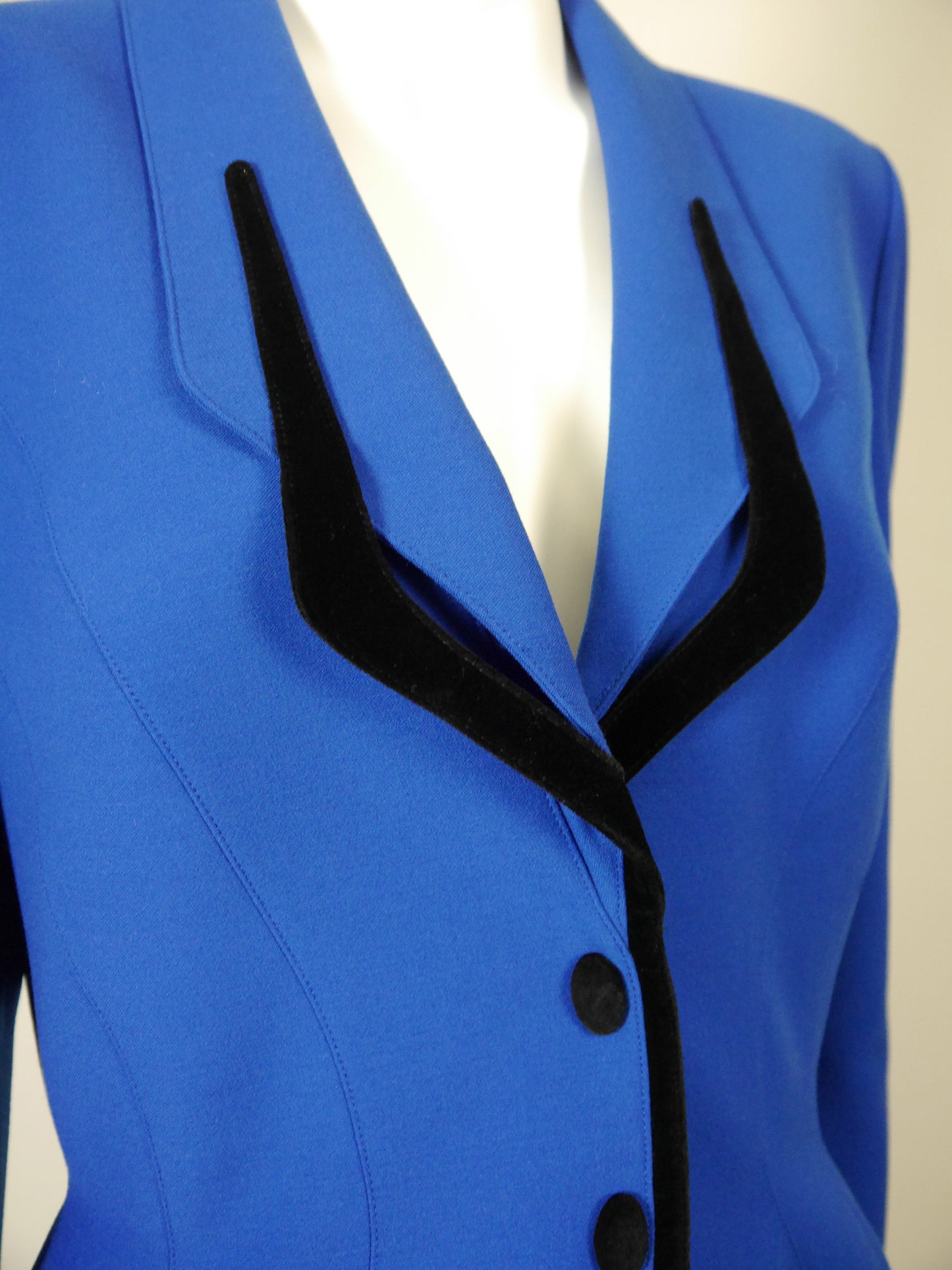THIERRY MUGLER 1980s 1990s Vintage Electric Blue Jacket & Skirt Suit w/ Velvet Accents