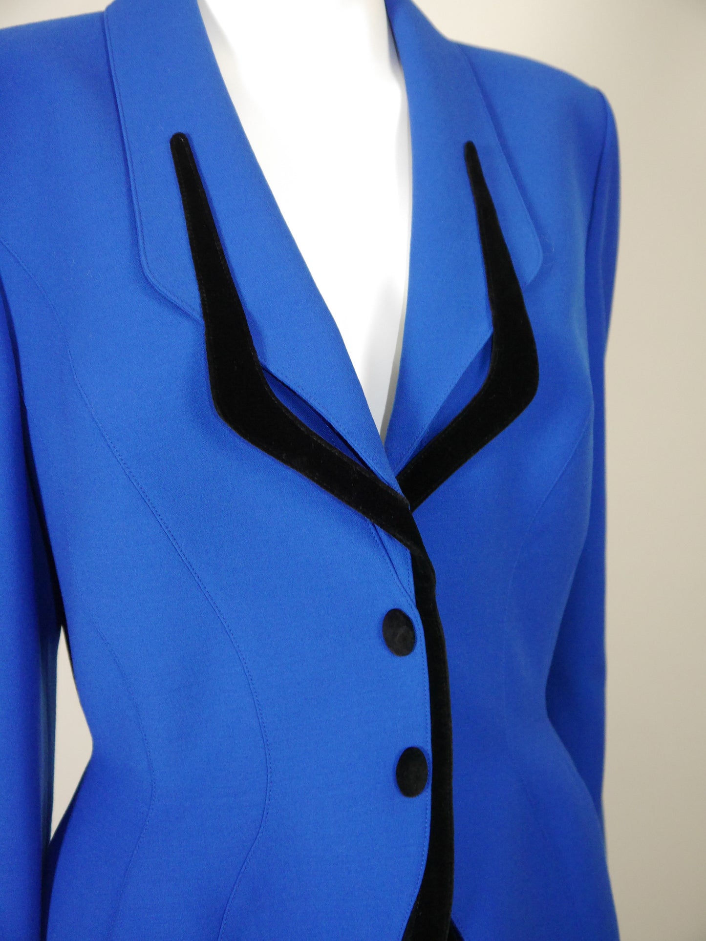 THIERRY MUGLER 1980s 1990s Vintage Electric Blue Jacket & Skirt Suit w/ Velvet Accents