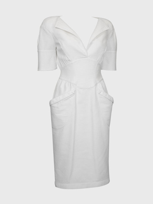 THIERRY MUGLER 1980s 1990s Vintage White Waffle Weave Sculpted Dress Size XS