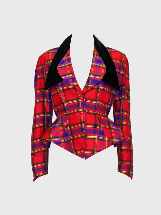 THIERRY MUGLER 1990s Vintage Raw Silk Tartan Pattern Evening Jacket Size XS-S
