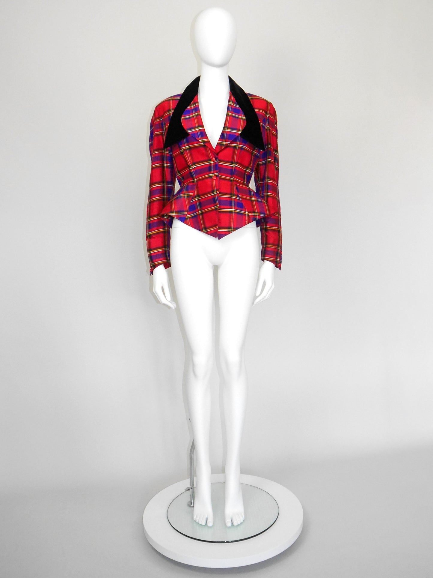 THIERRY MUGLER 1990s Vintage Raw Silk Tartan Pattern Evening Jacket Size XS-S