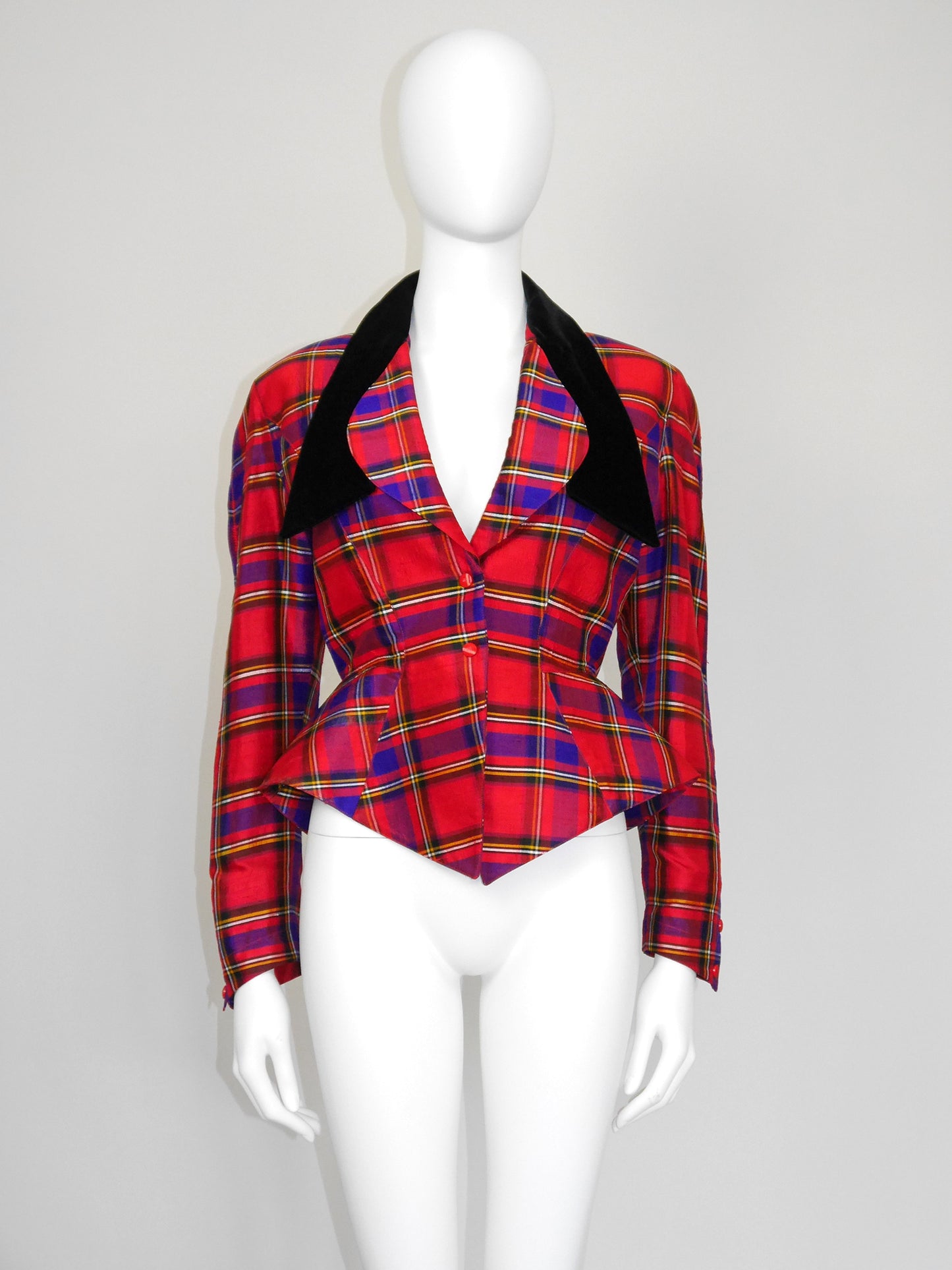 THIERRY MUGLER 1990s Vintage Raw Silk Tartan Pattern Evening Jacket Size XS-S