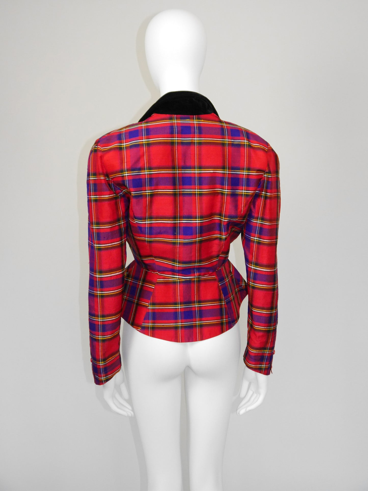 THIERRY MUGLER 1990s Vintage Raw Silk Tartan Pattern Evening Jacket Size XS-S