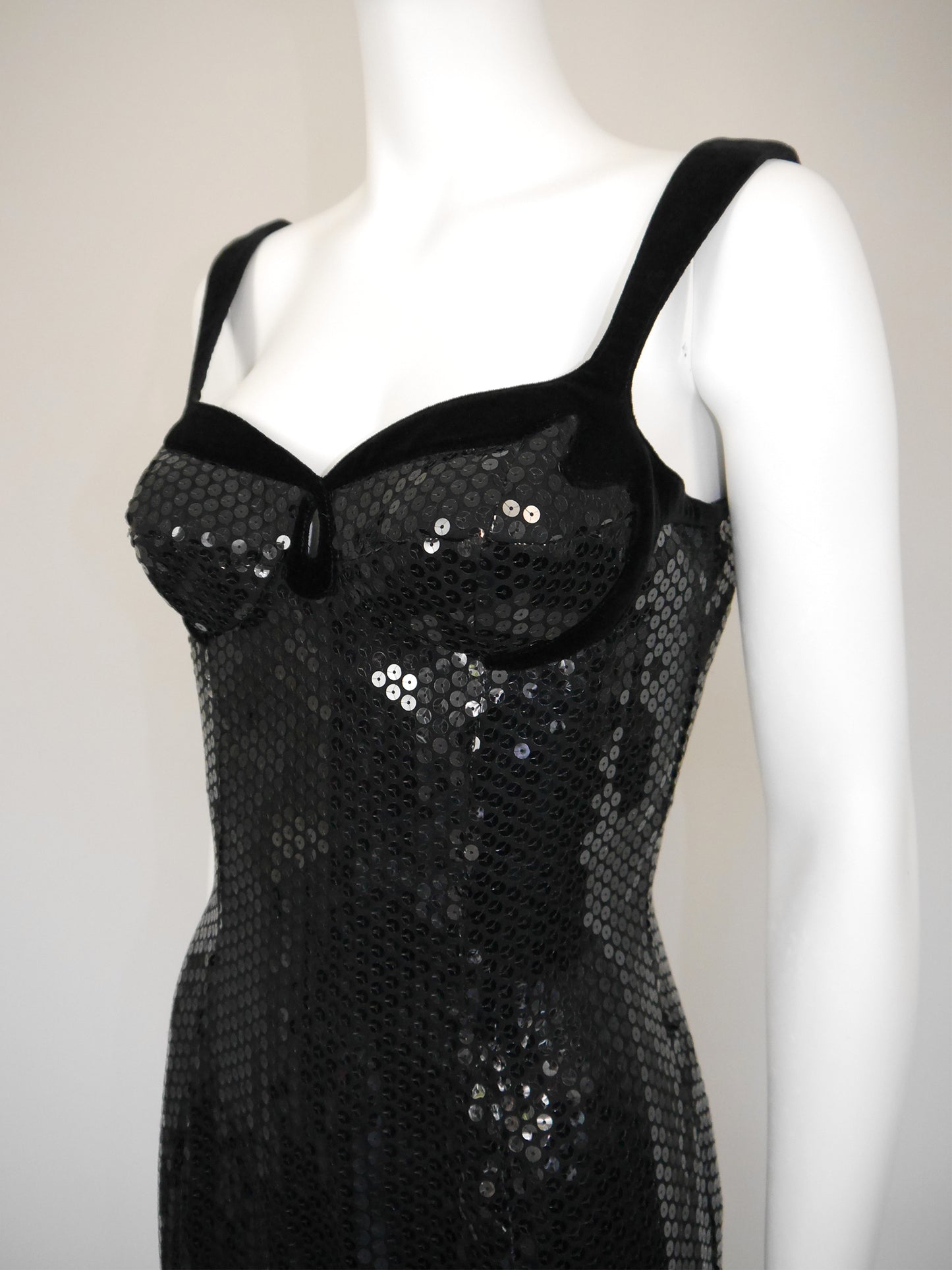 THIERRY MUGLER 1990s Vintage Black Velvet & Sequins Cocktail Evening Dress Size S