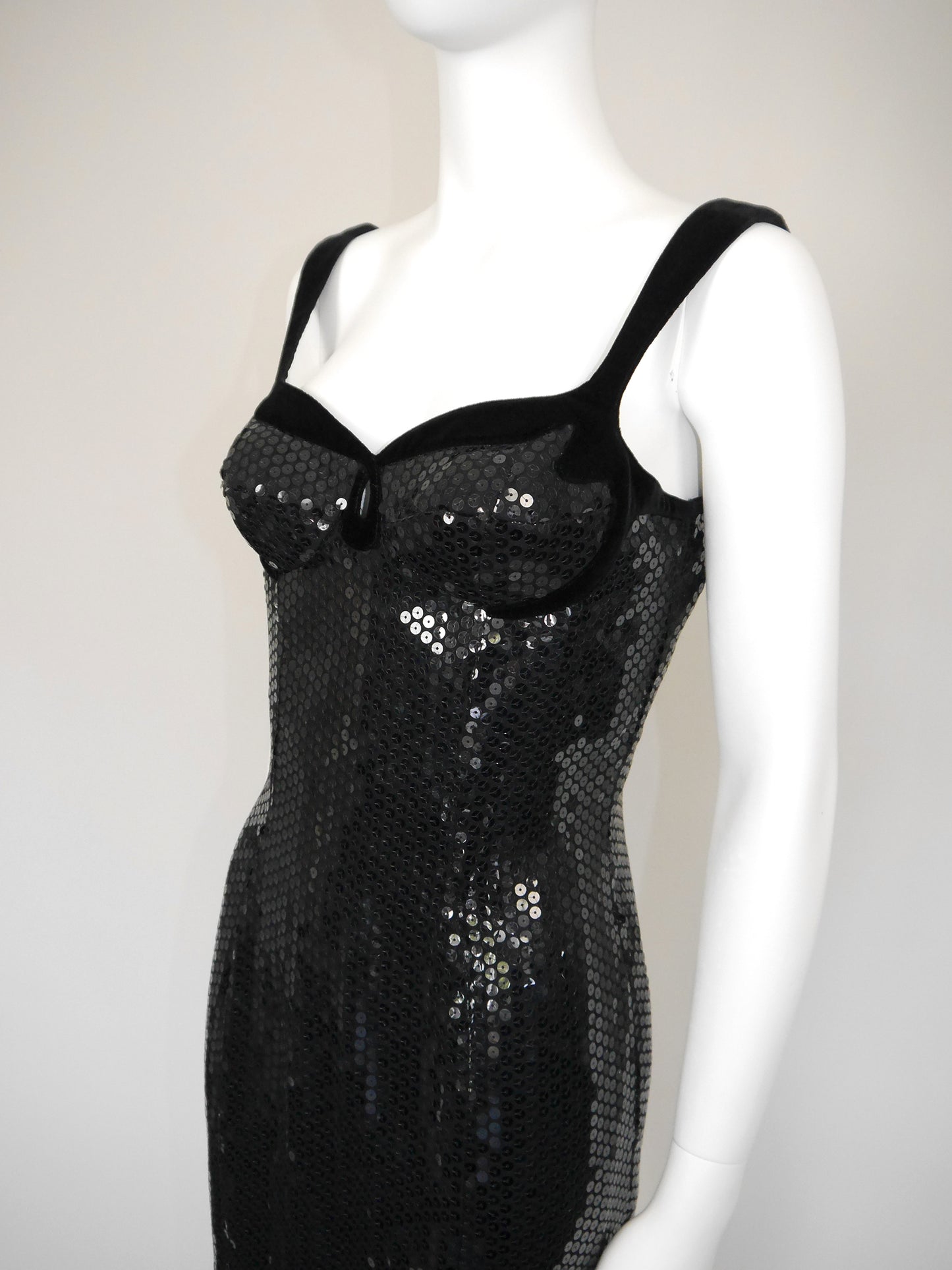 THIERRY MUGLER 1990s Vintage Black Velvet & Sequins Cocktail Evening Dress Size S