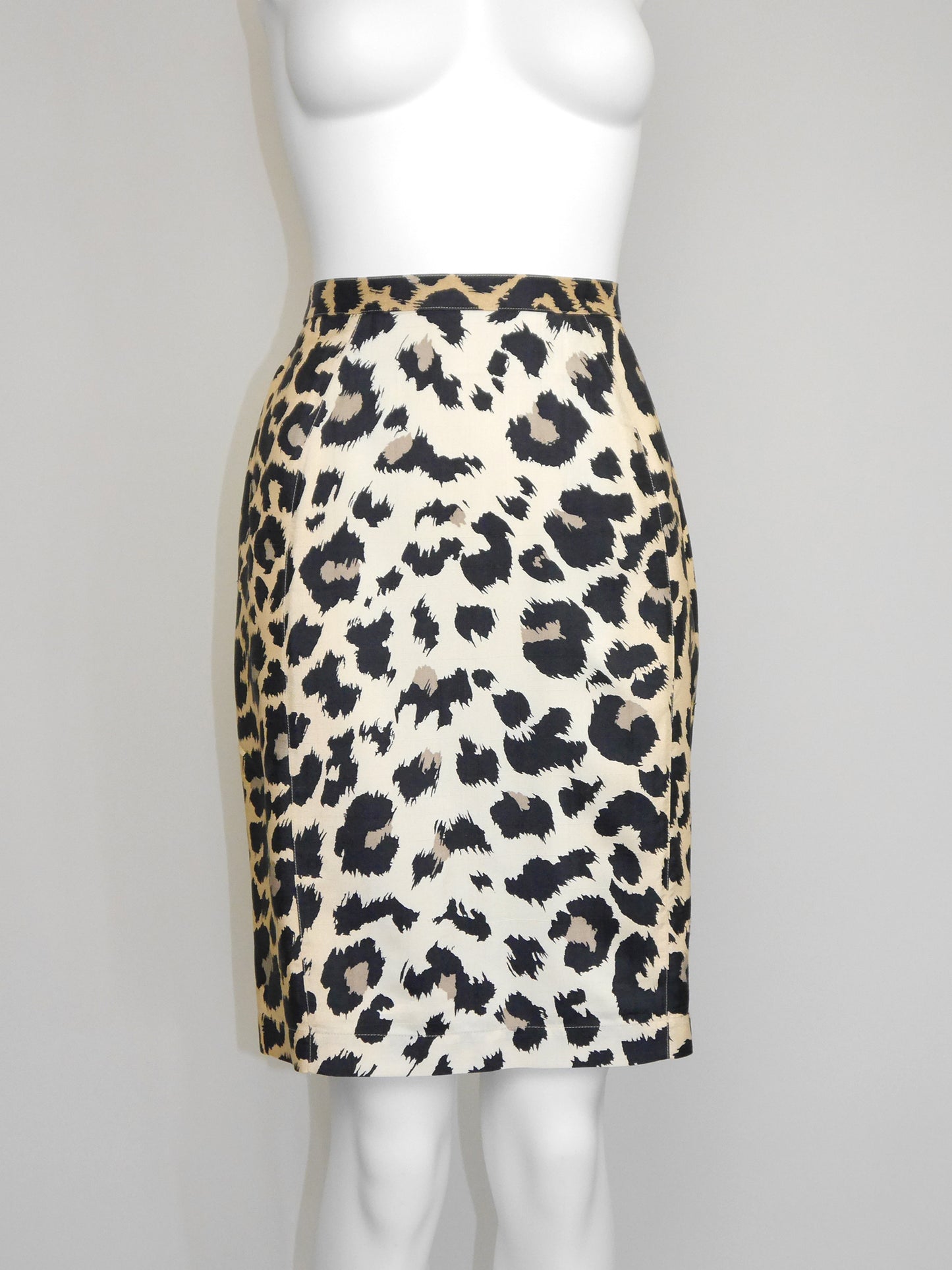 THIERRY MUGLER 1996 Vintage Leopard Print Raw Silk Pencil Skirt Size S