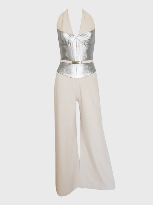 THIERRY MUGLER 1990s Vintage Metallic Silver Evening Jumpsuit