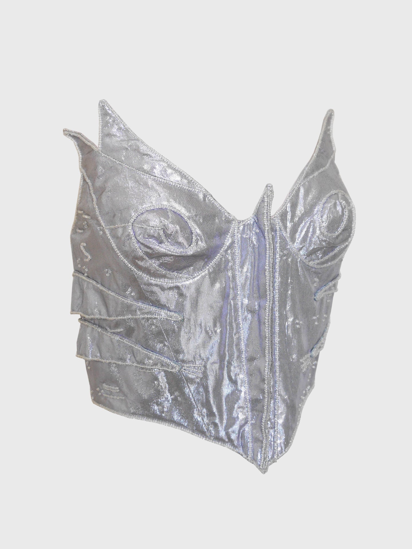 THIERRY MUGLER Spring 1989 Vintage Couture Beaded Bustier Top Metallic Silver