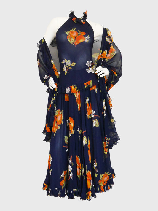 VALENTINO 1970s Vintage 3 Pc. Ruffled Floral Evening Ensemble