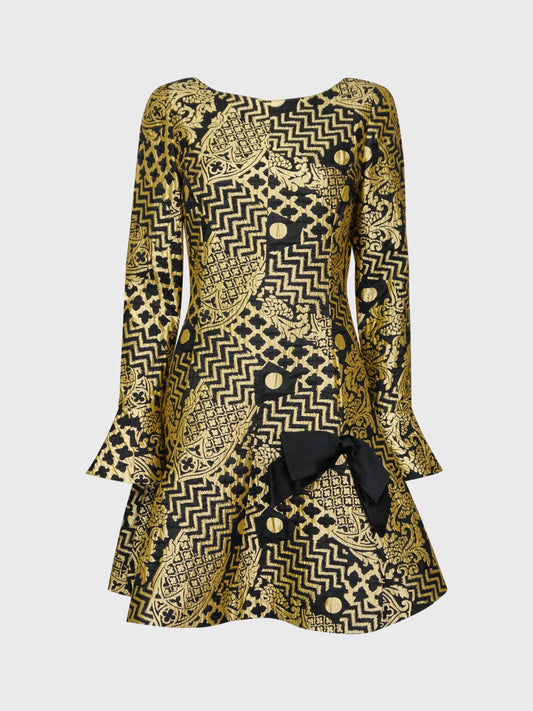 VALENTINO 1980s Vintage Gold Brocade Cocktail Evening Mini Dress Size S-M