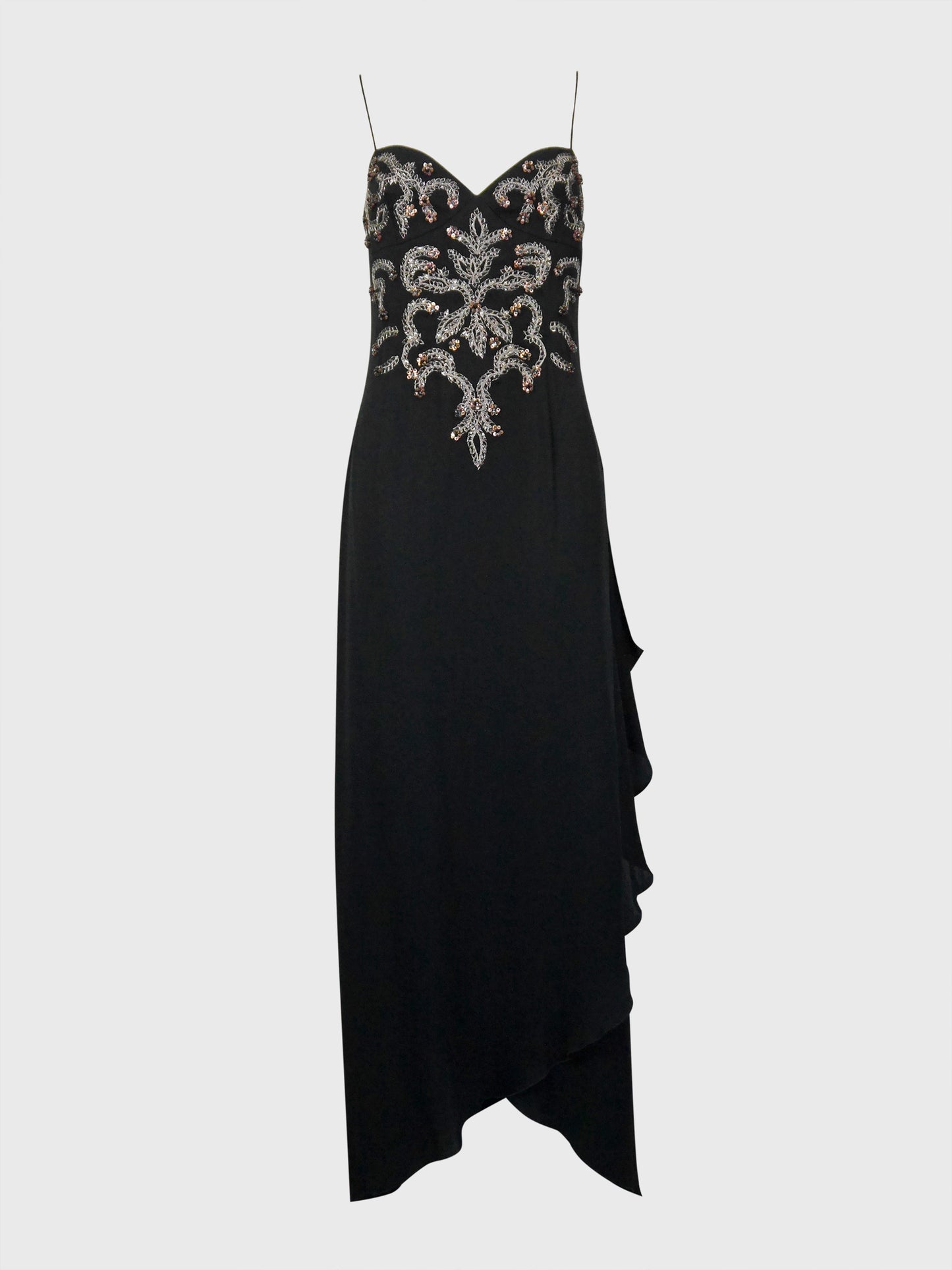 VALENTINO 1990s 2000s Vintage Black Beaded Sequined Maxi Evening Dress Gown Size M-L