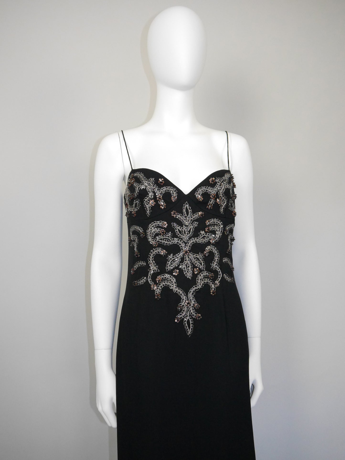 VALENTINO 1990s 2000s Vintage Black Beaded Sequined Maxi Evening Dress Gown Size M-L