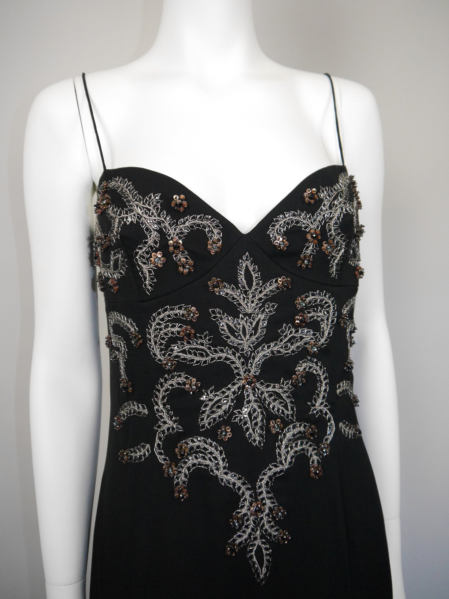 VALENTINO 1990s 2000s Vintage Black Beaded Sequined Maxi Evening Dress Gown Size M-L