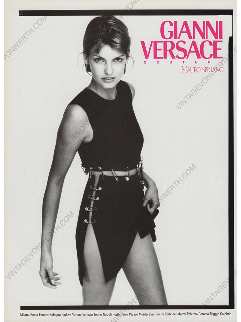 GIANNI VERSACE 1994 Vintage Advertisement 1990s Fashion Print Ad Linda Evangelista Safety Pin Dress
