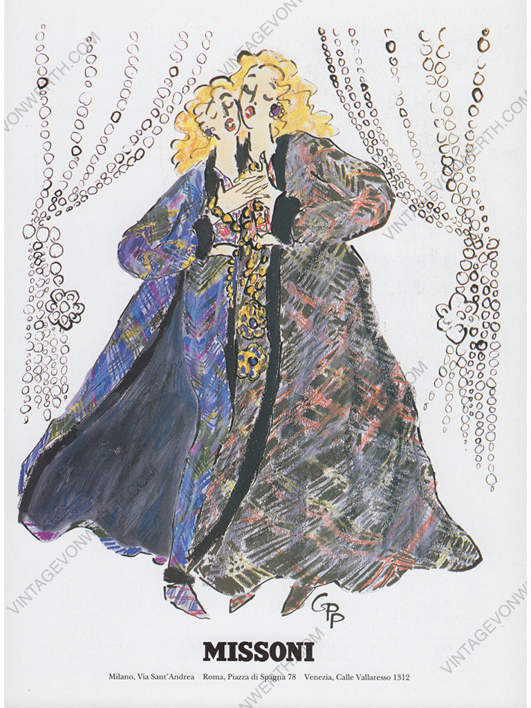 MISSONI 1994 Vintage Fashion Illustration Print Gladys P. Palmer 1990s Ad