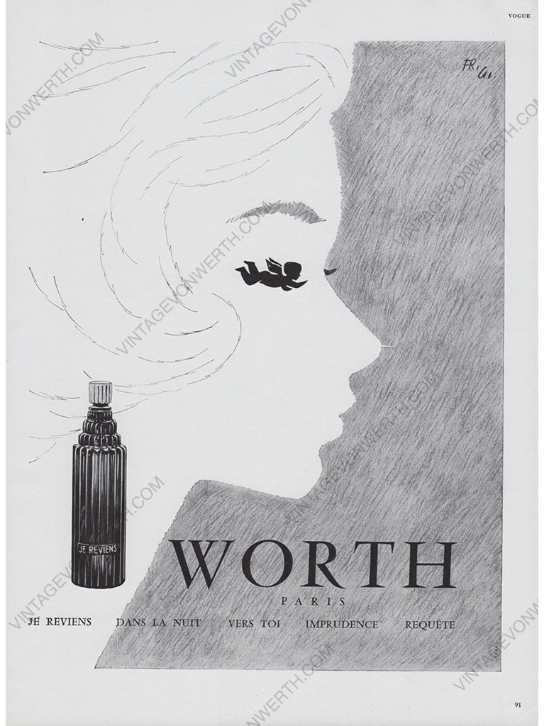 WORTH 1959 Vintage Print Magazine Advertisement Perfume Parfum Fragrance