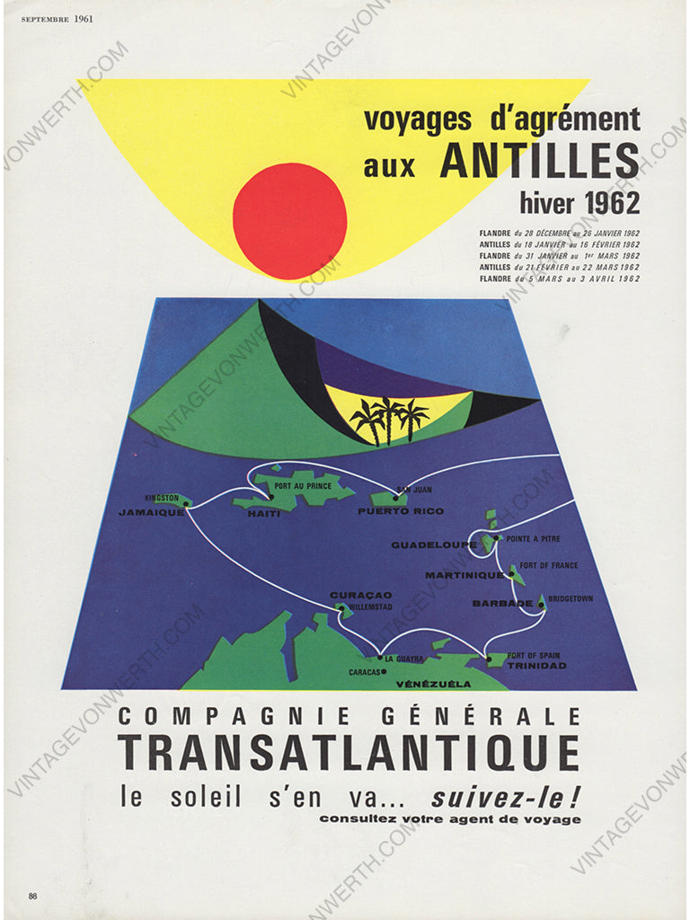 COMPAGNIE GÉNÉRALE TRANSATLANTIQUE 1961 Vintage Advertisement 1960s Travel Ad