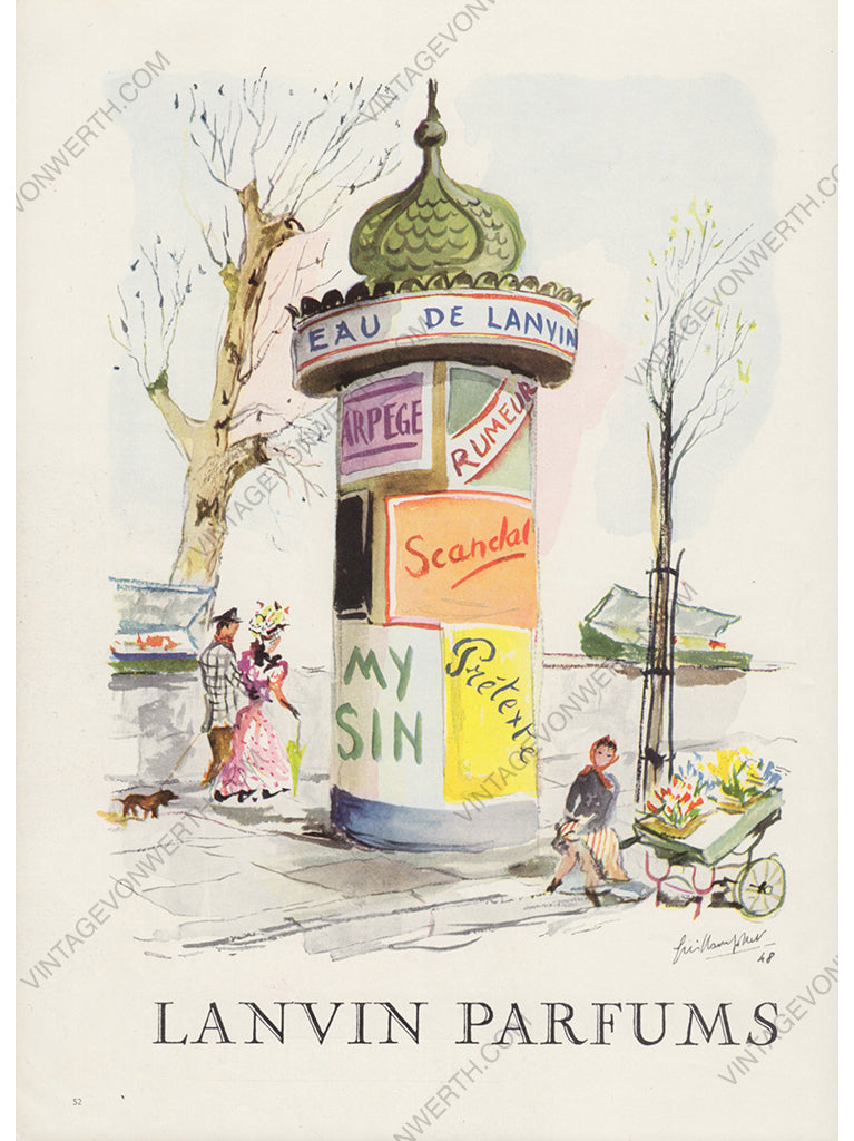 LANVIN 1949 Vintage Print Advertisement Perfume Parfum Fragrance