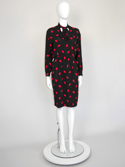YVES SAINT LAURENT 1970s 1980s Vintage Dress w/ Secretary Bow Size XS