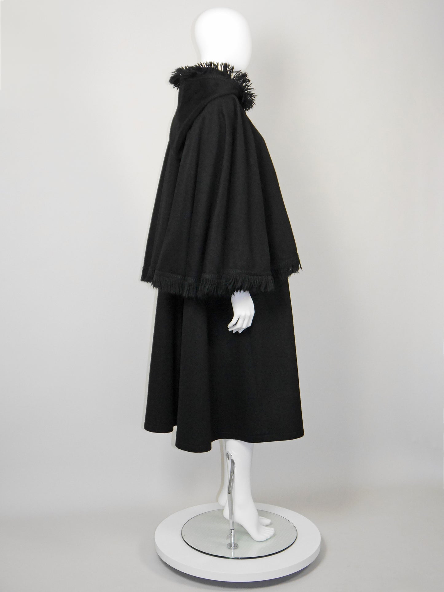 YVES SAINT LAURENT 1970s Vintage Fringed Hooded Wool Cape Coat Size S