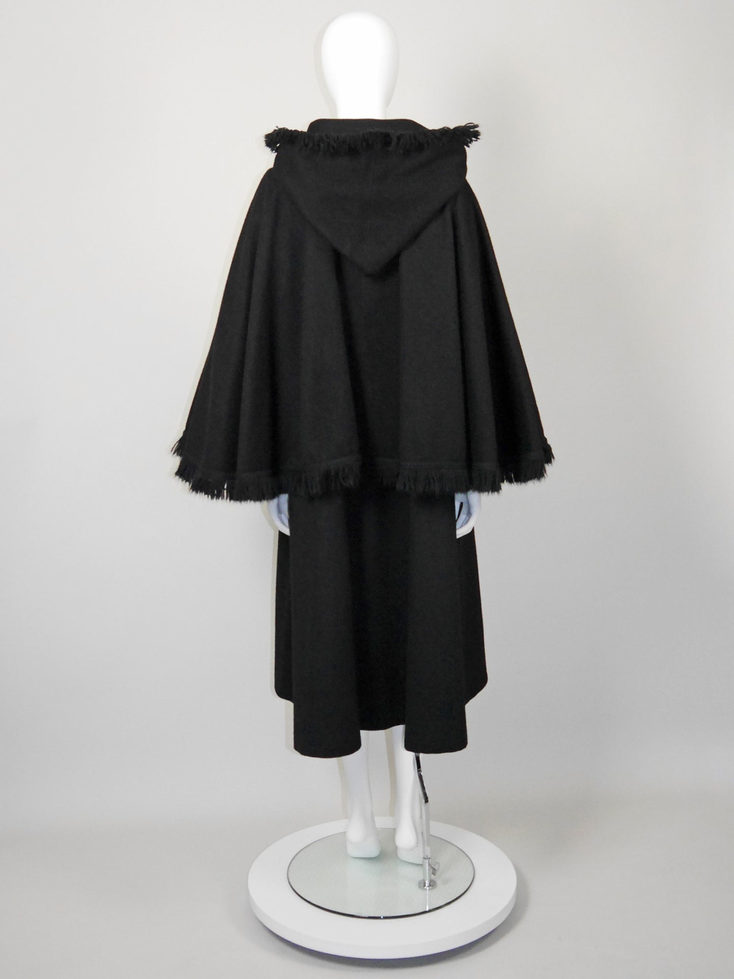 YVES SAINT LAURENT 1970s Vintage Fringed Hooded Wool Cape Coat Size S