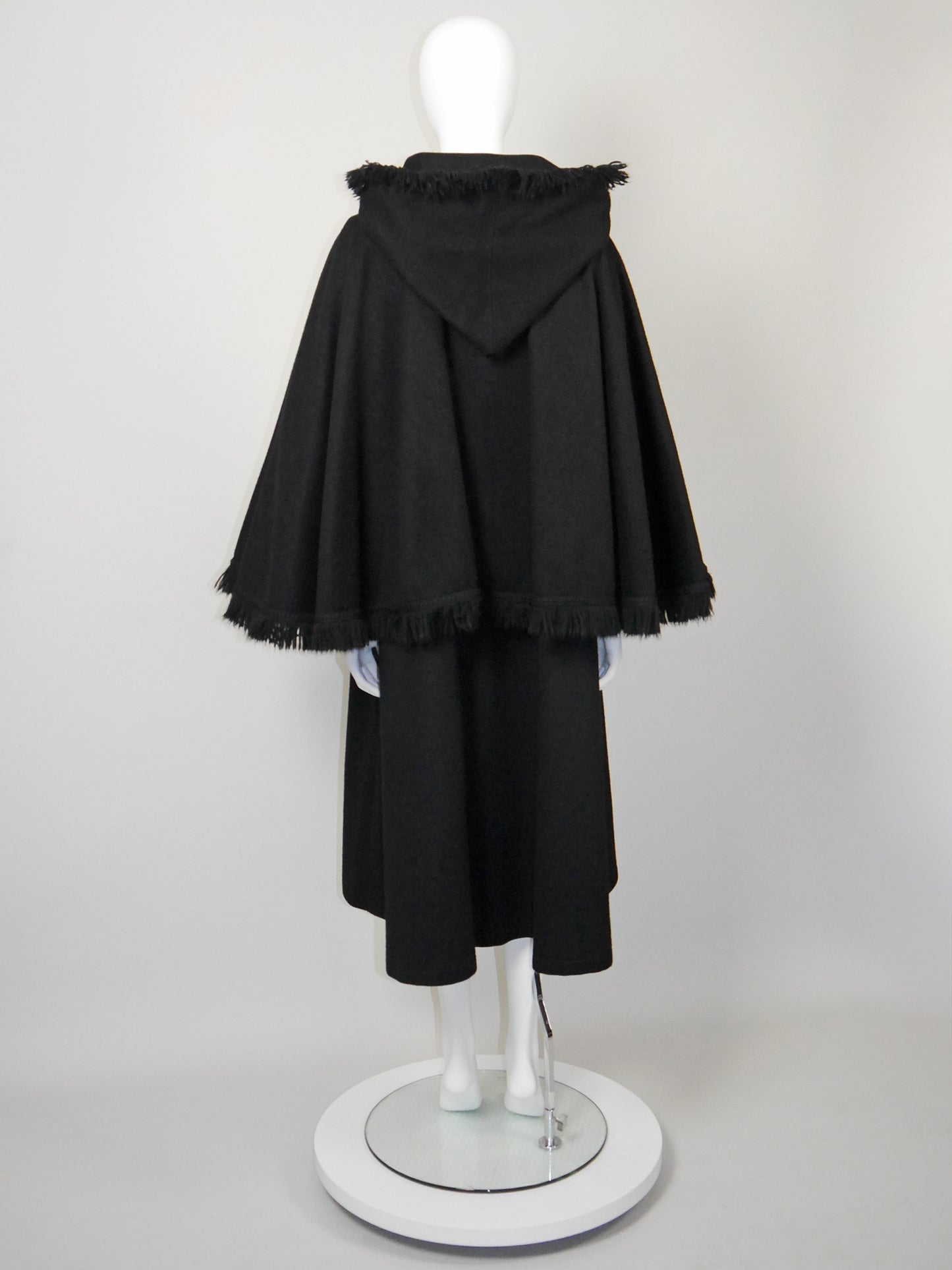 YVES SAINT LAURENT 1970s Vintage Fringed Hooded Wool Cape Coat Size S