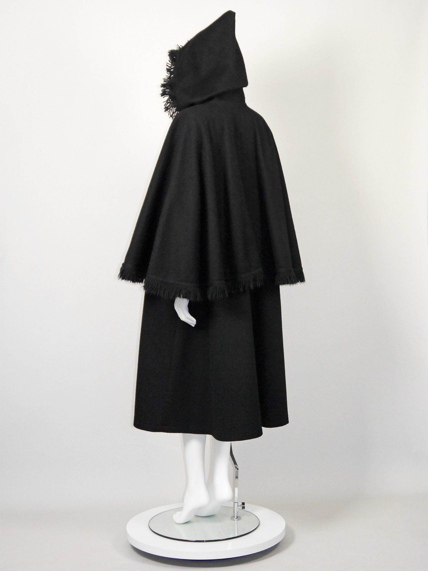 YVES SAINT LAURENT 1970s Vintage Fringed Hooded Wool Cape Coat Size S