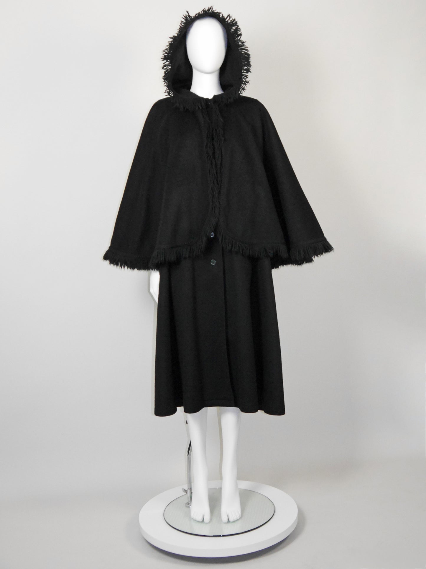 YVES SAINT LAURENT 1970s Vintage Fringed Hooded Wool Cape Coat Size S