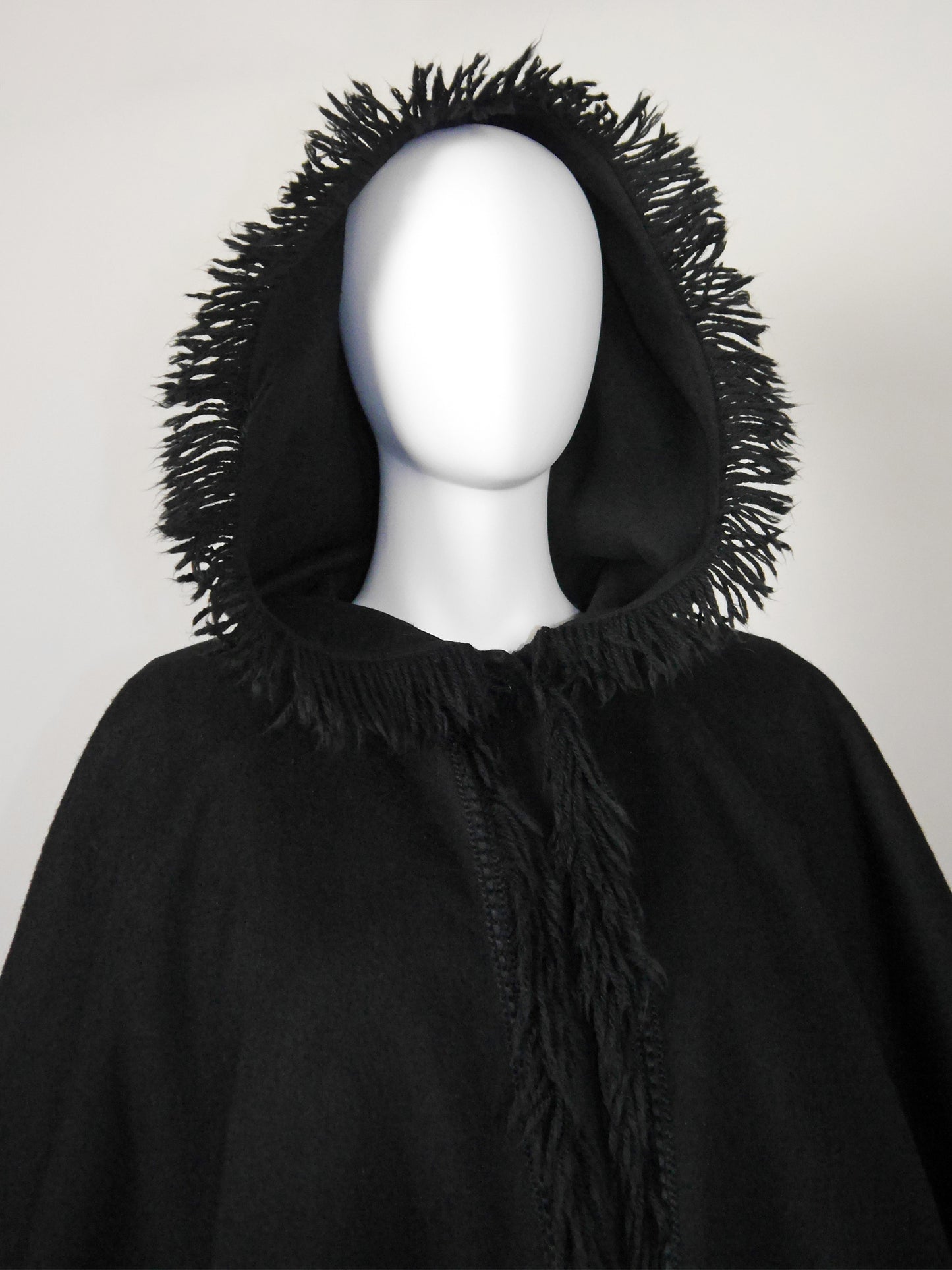 YVES SAINT LAURENT 1970s Vintage Fringed Hooded Wool Cape Coat Size S