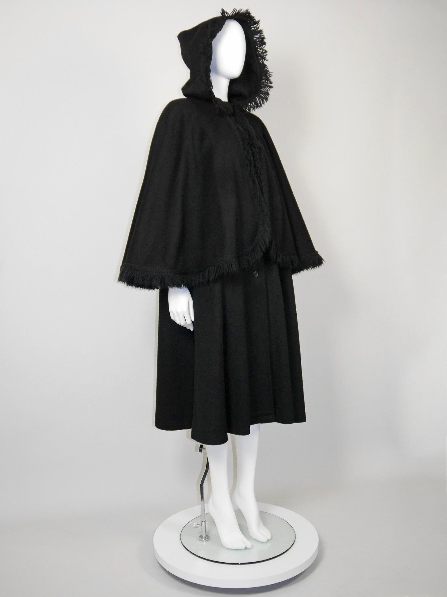 YVES SAINT LAURENT 1970s Vintage Fringed Hooded Wool Cape Coat Size S