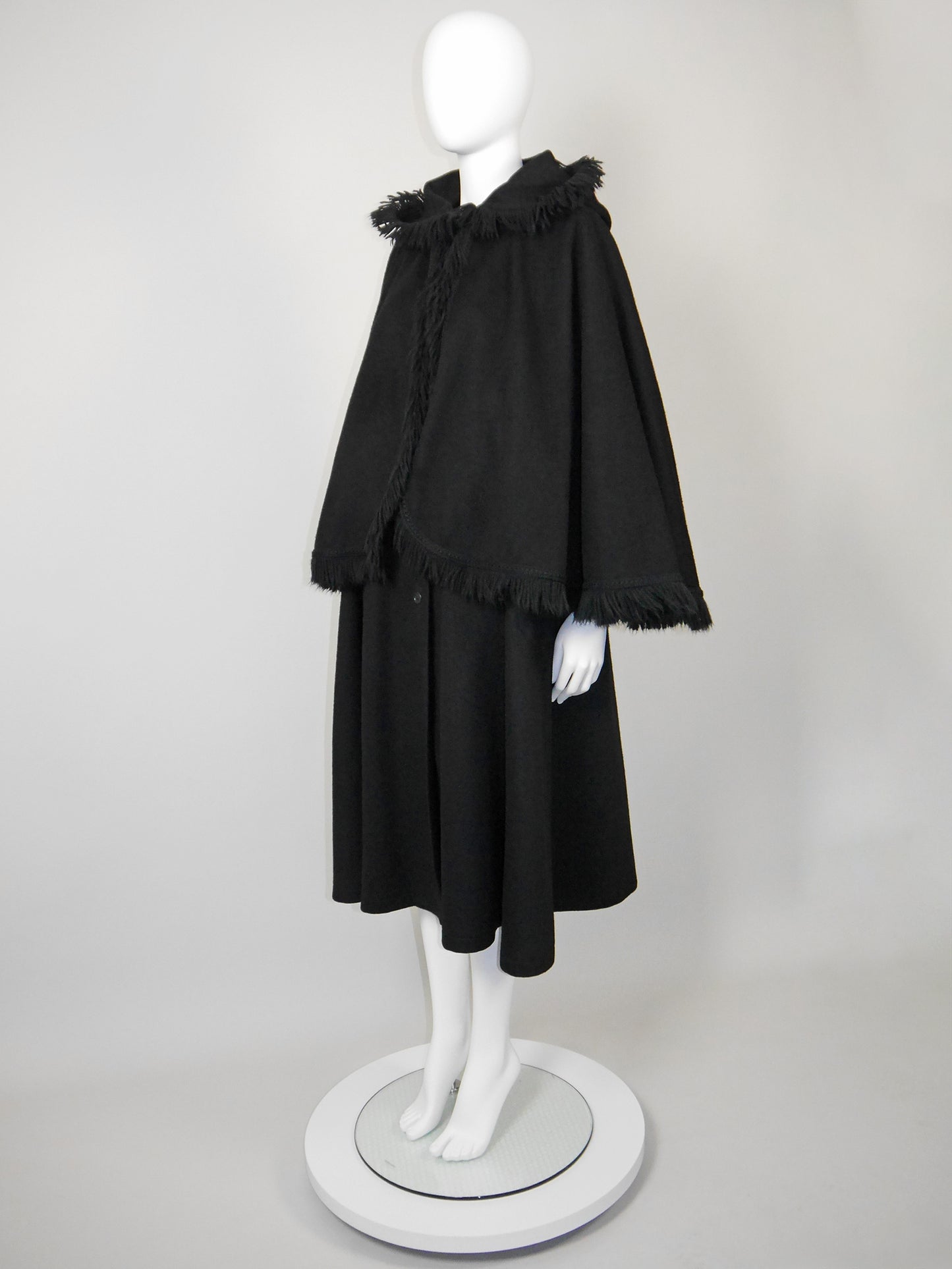 YVES SAINT LAURENT 1970s Vintage Fringed Hooded Wool Cape Coat Size S