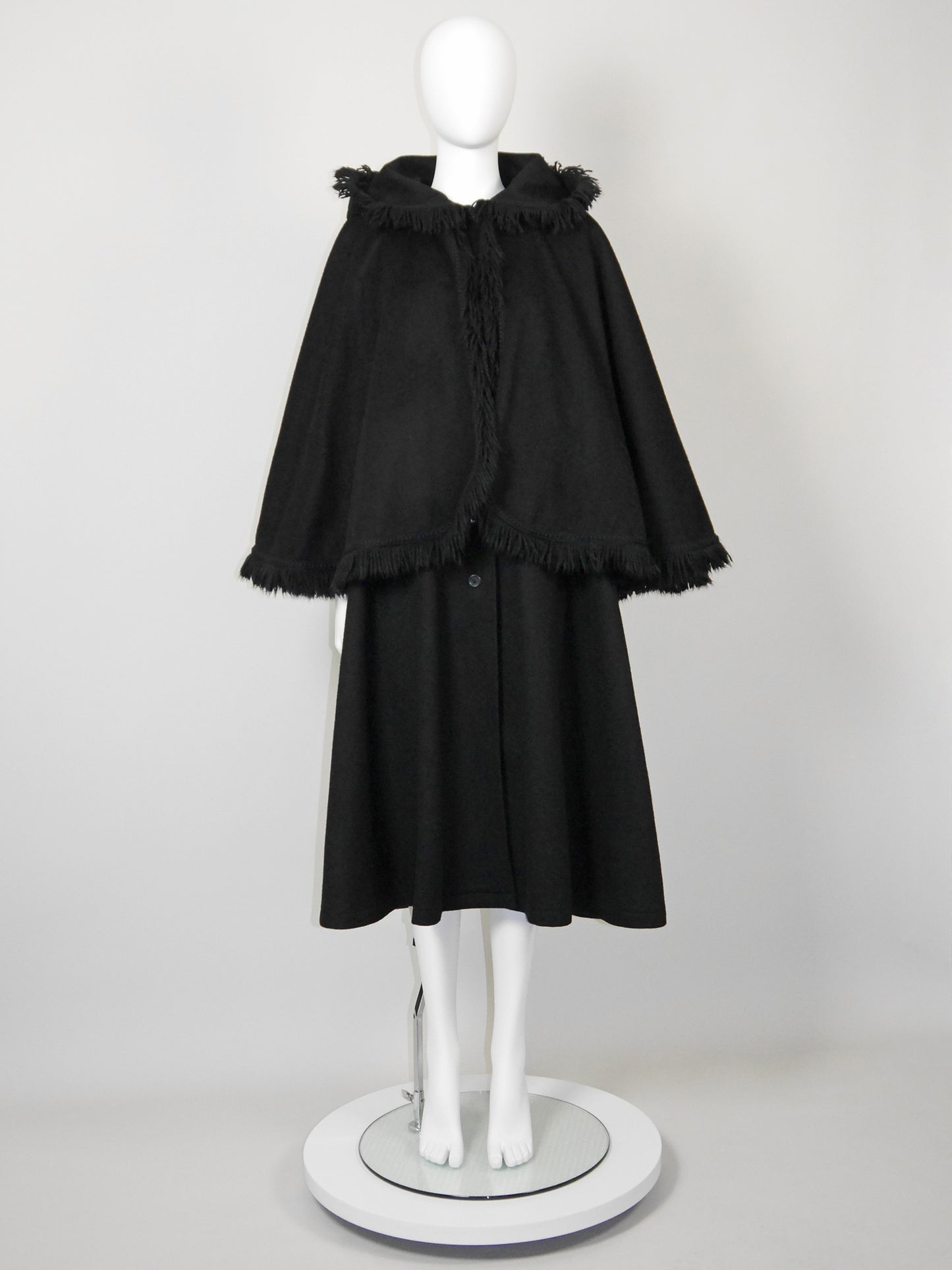 YVES SAINT LAURENT 1970s Vintage Fringed Hooded Wool Cape Coat Size S