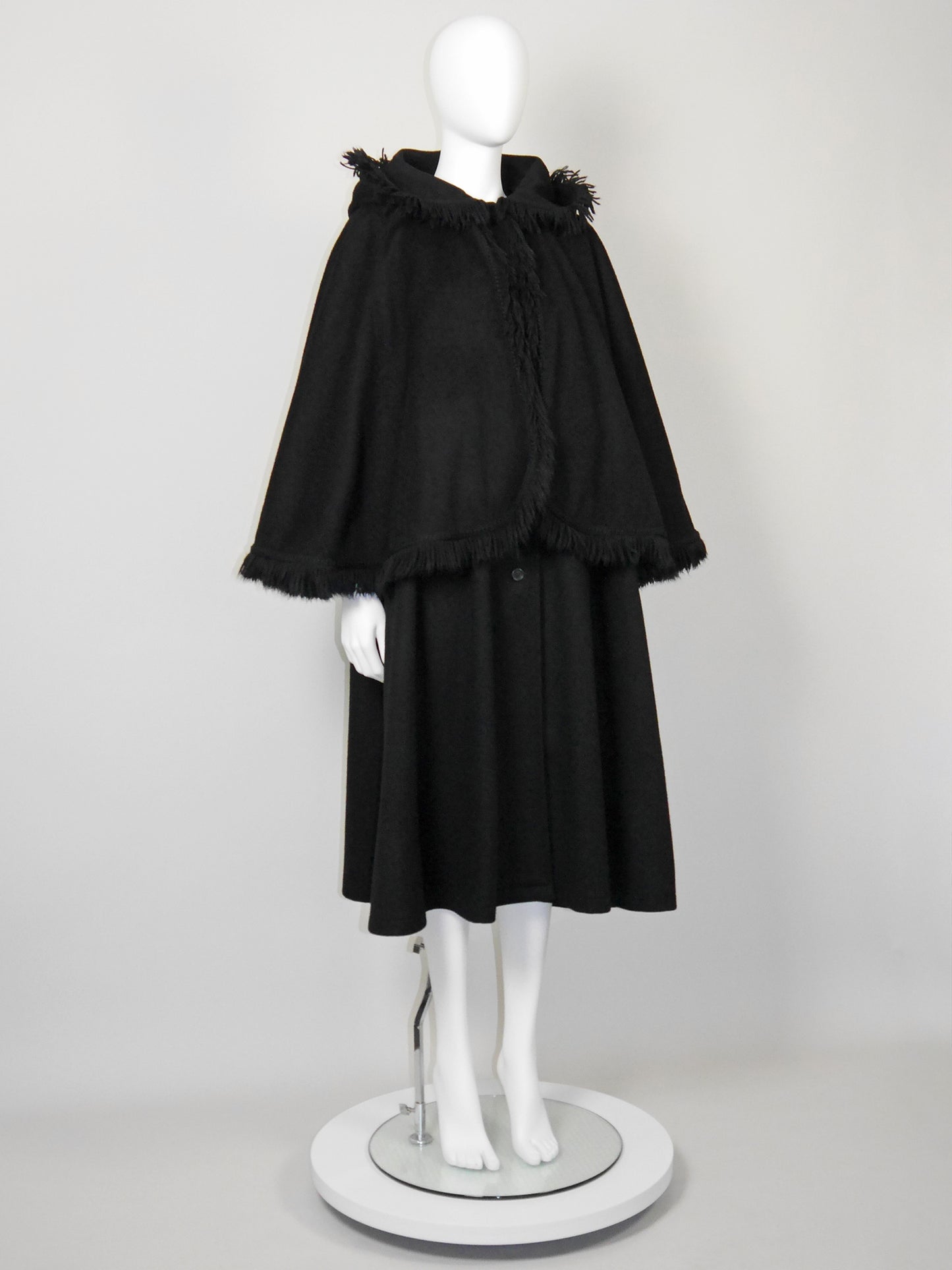 YVES SAINT LAURENT 1970s Vintage Fringed Hooded Wool Cape Coat Size S